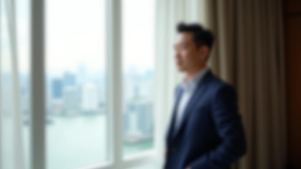 Michael Wong working on window treatment design in a modern Causeway Bay apartment with floor-to-ceiling windows and harbor views