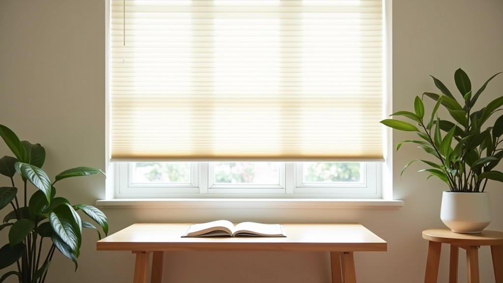 Home office setup with thermal honeycomb shades, computer desk positioned to use natural window light