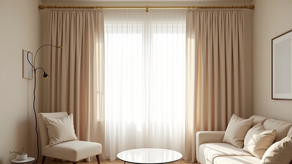 Traditional floor-to-ceiling linen curtains in natural beige, hung on brass rod, layered with sheer voile panels