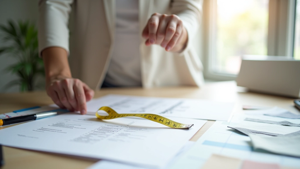 Interior designer measuring window dimensions with tape measure, color swatches and fabric samples on desk