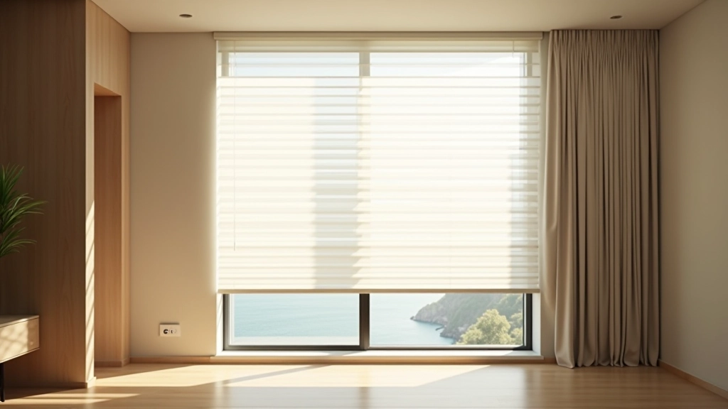 Modern apartment window with motorized honeycomb shades partially closed, showing room with minimalist furniture and natural light control