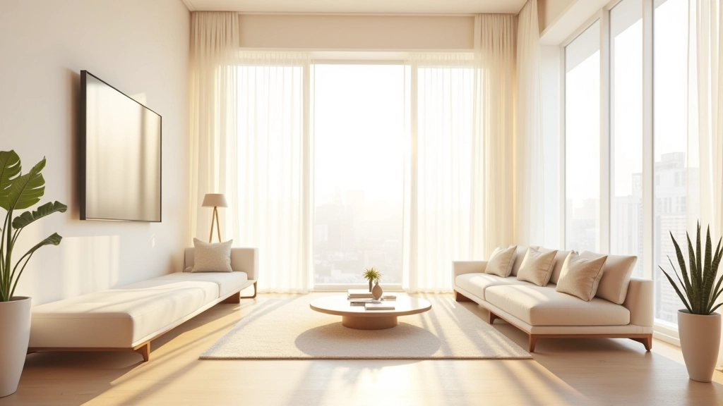 Bright modern living room with floor-to-ceiling windows and natural sunlight streaming through sheer white curtains