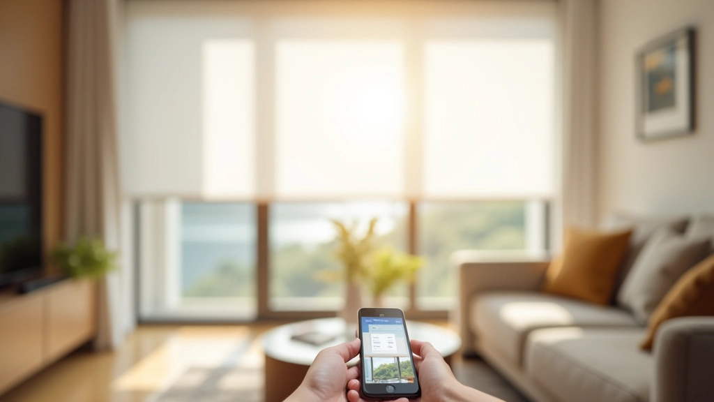 Modern living room with motorized roller shades in white, controlled via smartphone app on wooden coffee table