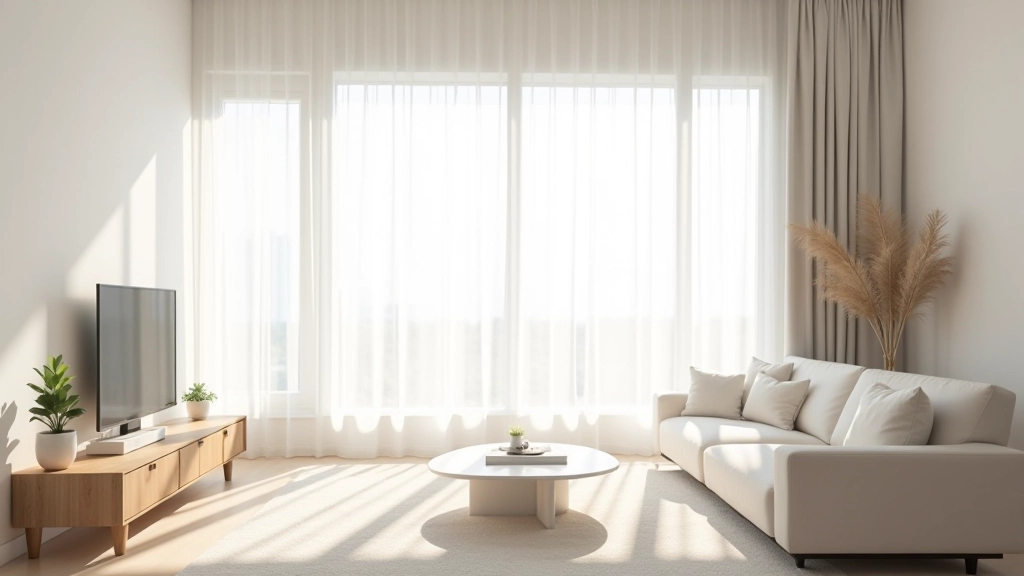 Bright modern living room with floor-to-ceiling windows and sheer white curtains allowing natural light