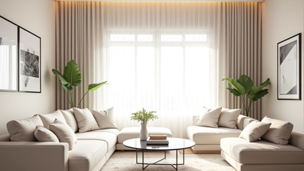 Modern living room with layered window treatments in neutral tones, natural light streaming through sheer layer, statement curtains framing window elegantly