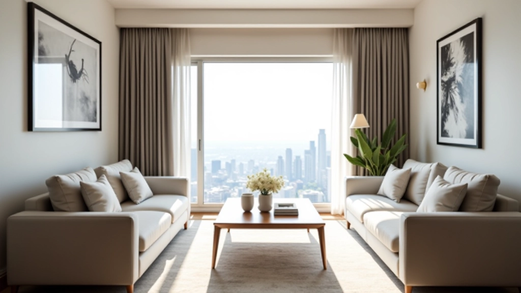 Small living room with furniture arrangement showing open sightlines to window, minimal blocking of light paths, clean uncluttered layout