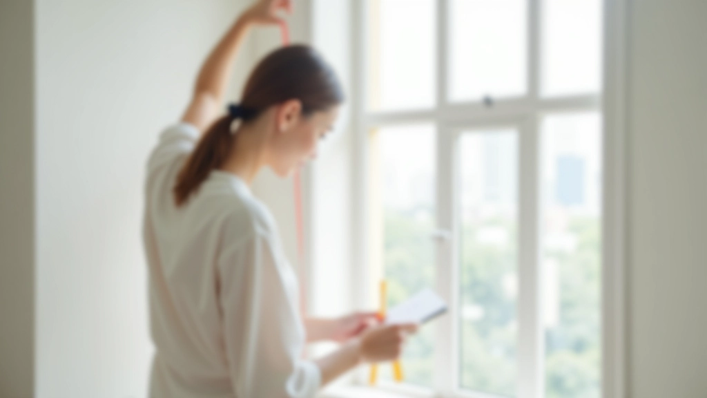 Interior designer measuring window frame with tape measure, taking notes on clipboard, bright apartment interior